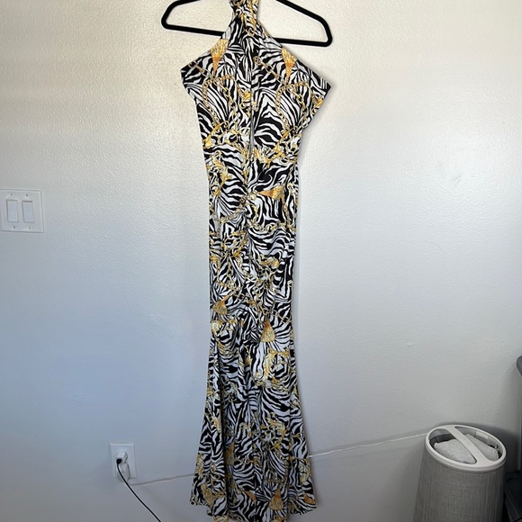 NWOT Zebra Chain Gold  Print Cut Out Halter Maxi Mermaid Dress sz 2XL - Picture 3 of 9